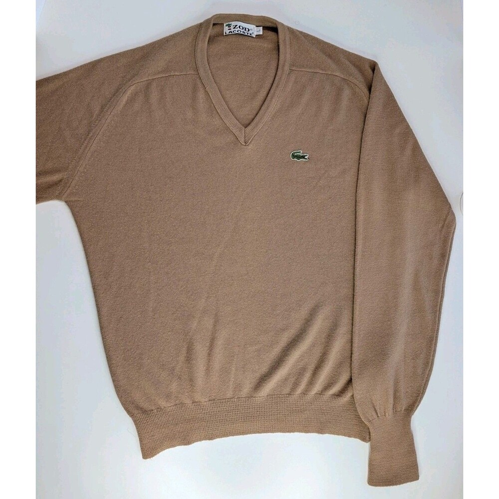 Vintage IZOD Lacoste V-Neck Sweater Camel Tan Orlon Acrylic Mens L USA